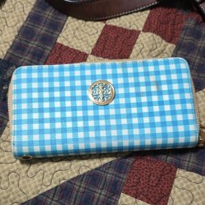 Blue Checkered Wallet with Gold Logo